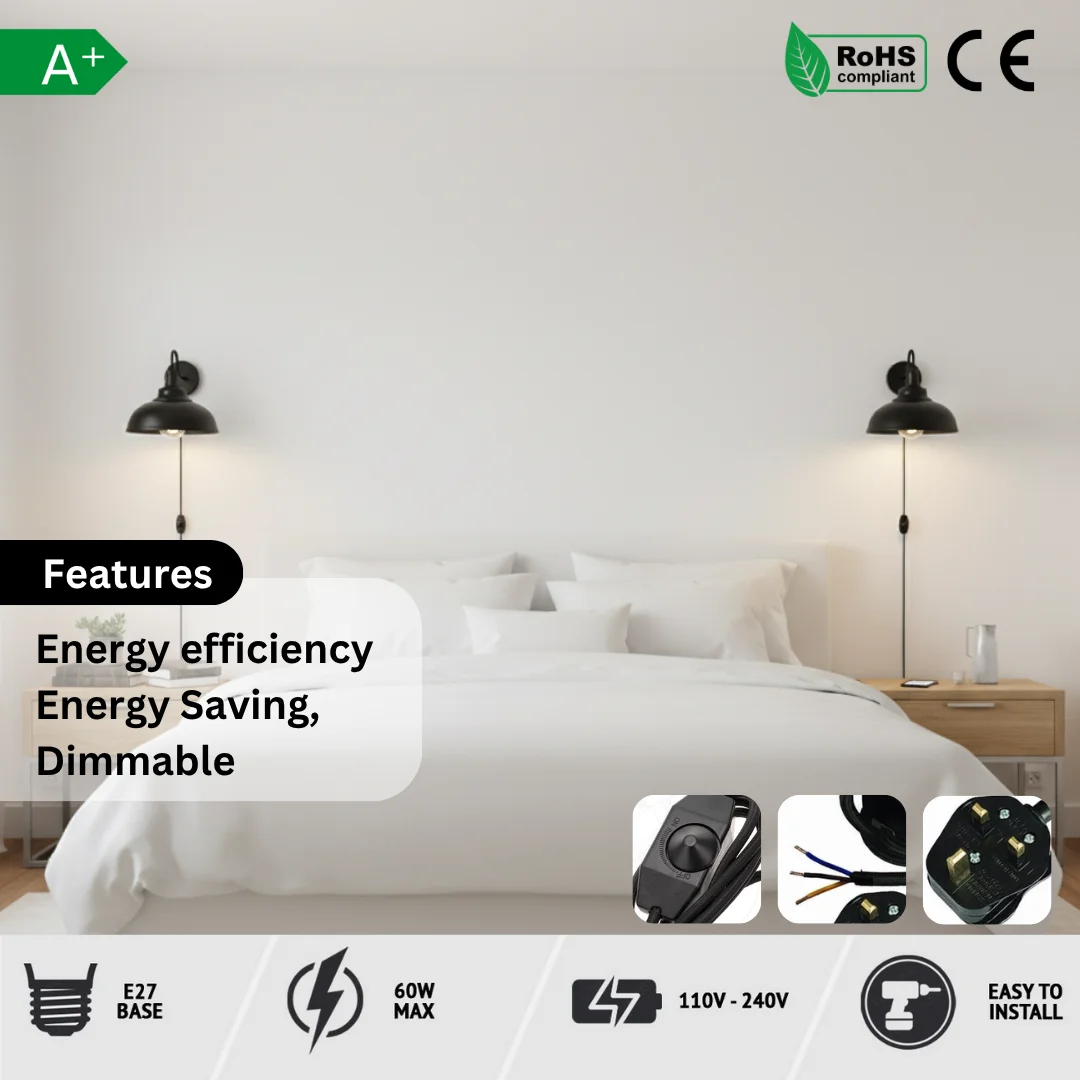 Black metal plug in wall lamp with adjustable dimmer switch and 2m cable mounted on white wall