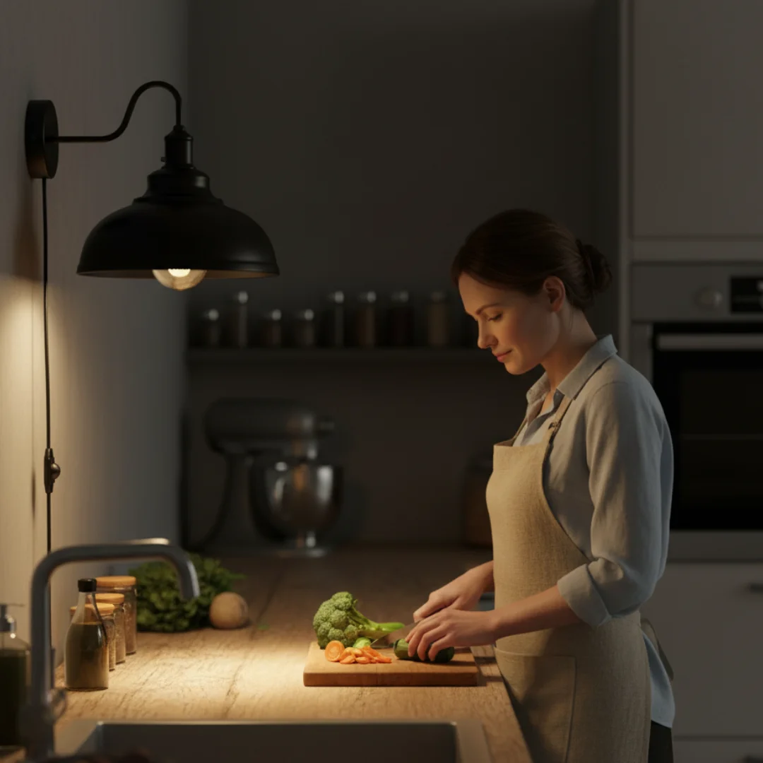 Black metal wall light with adjustable arm and dimmer switch, mounted on white wall with 2m plug-in cable visible