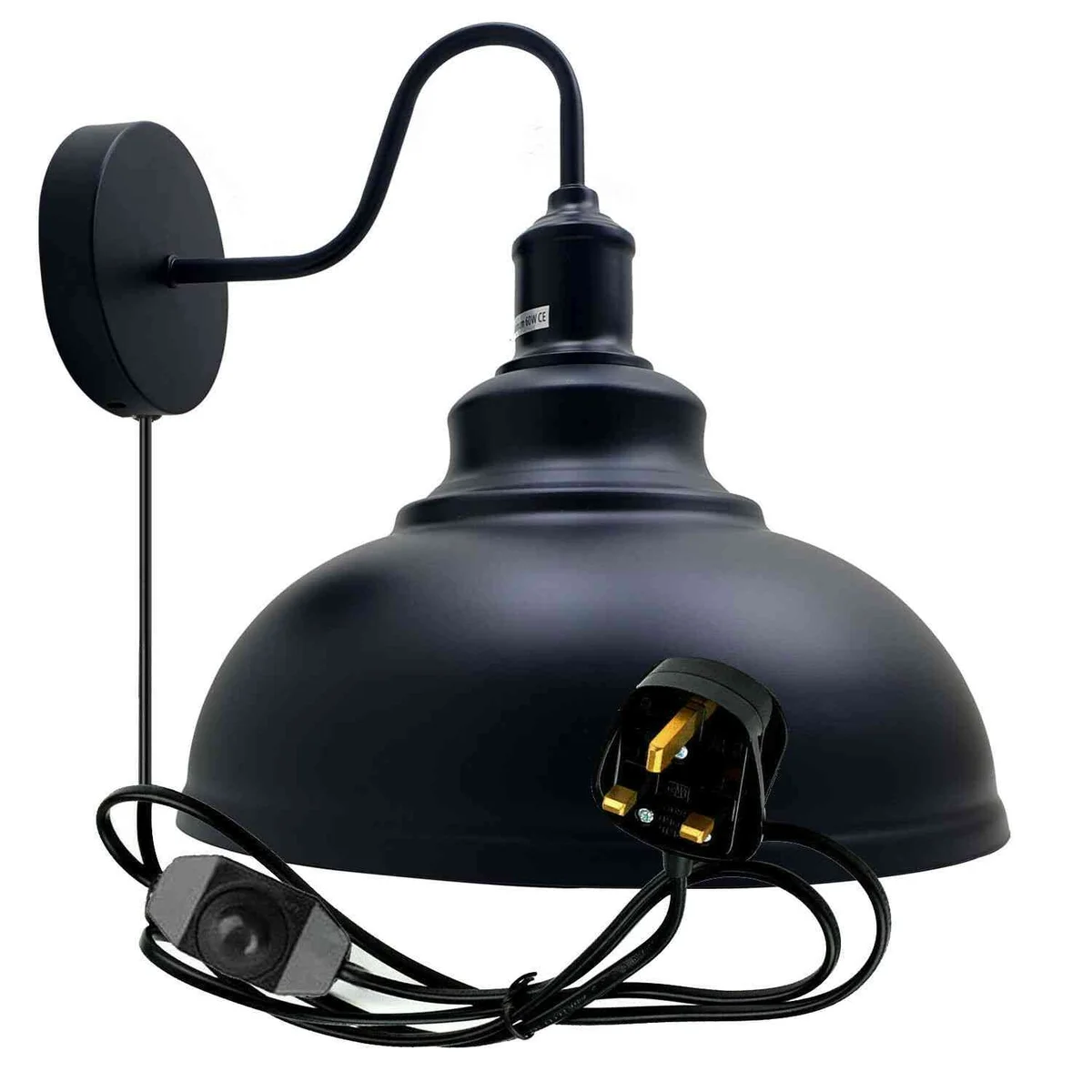 Black plug in wall light mounted on wall with adjustable arm and dimmer switch, featuring minimalist black metal design