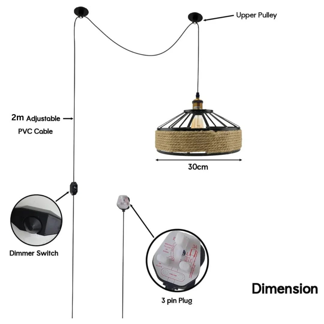 Plug in pendant light with 30cm hemp rope shade and 2m cord with dimmer switch, hanging against a white background