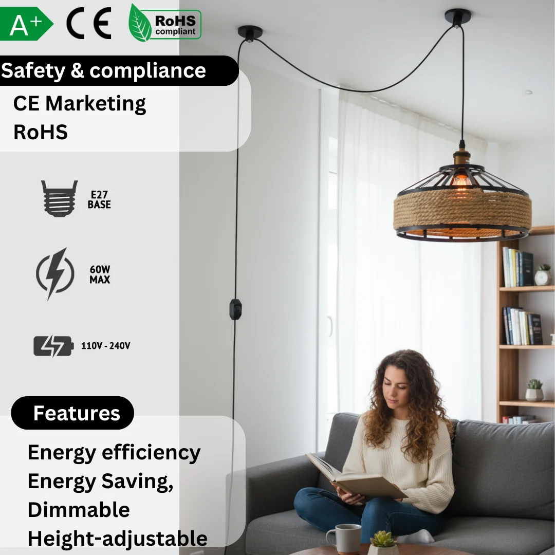 Bohemian pendant lamp with 30cm hemp rope shade and 2m plug-in cord hanging in a cozy interior setting