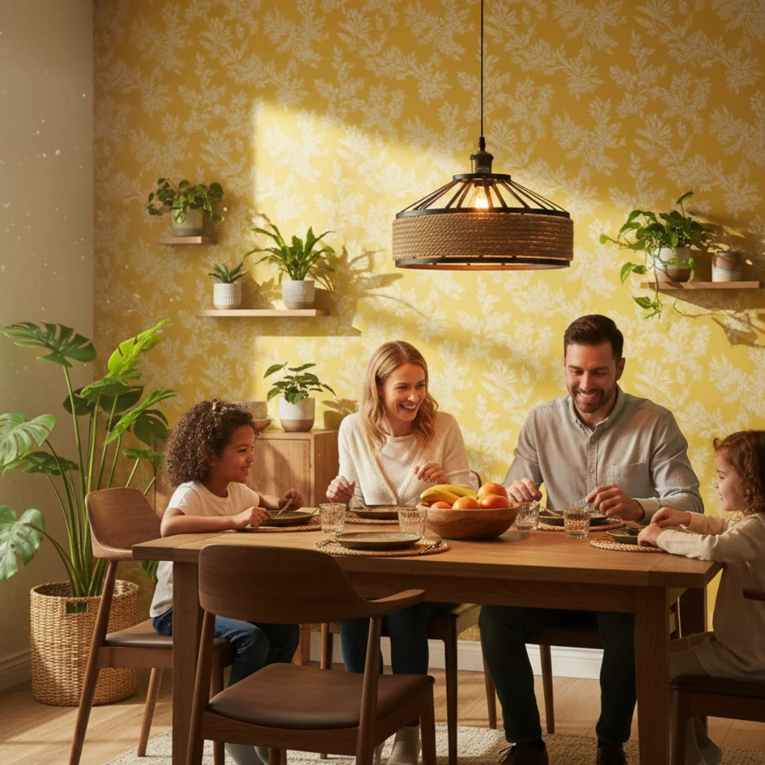 Dimmable hanging light with 30cm hemp rope shade and 2m plug-in cord shown lit in cozy room setting