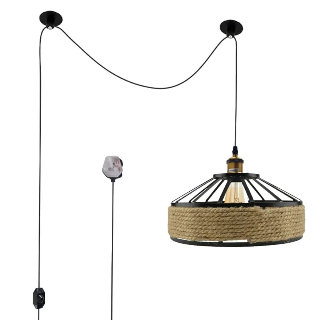 Hanging vintage industrial light with 30cm hemp rope shade and 2m plug-in cord featuring dimmer switch