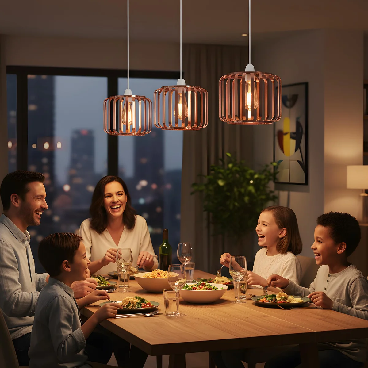pendant lampshade set featuring three modern metal shades in black and rose gold with E27 lamp bases