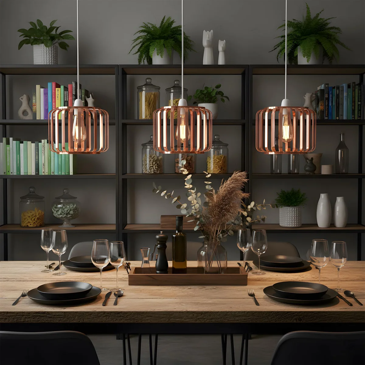 Three metal ceiling shade lampshades in black and rose gold, with E27 bases, displayed together