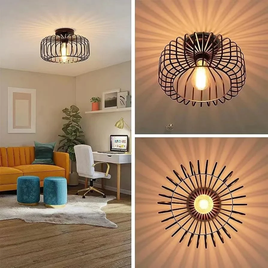 Three modern pendant lampshade set in black and rose gold metal, suspended from brackets.