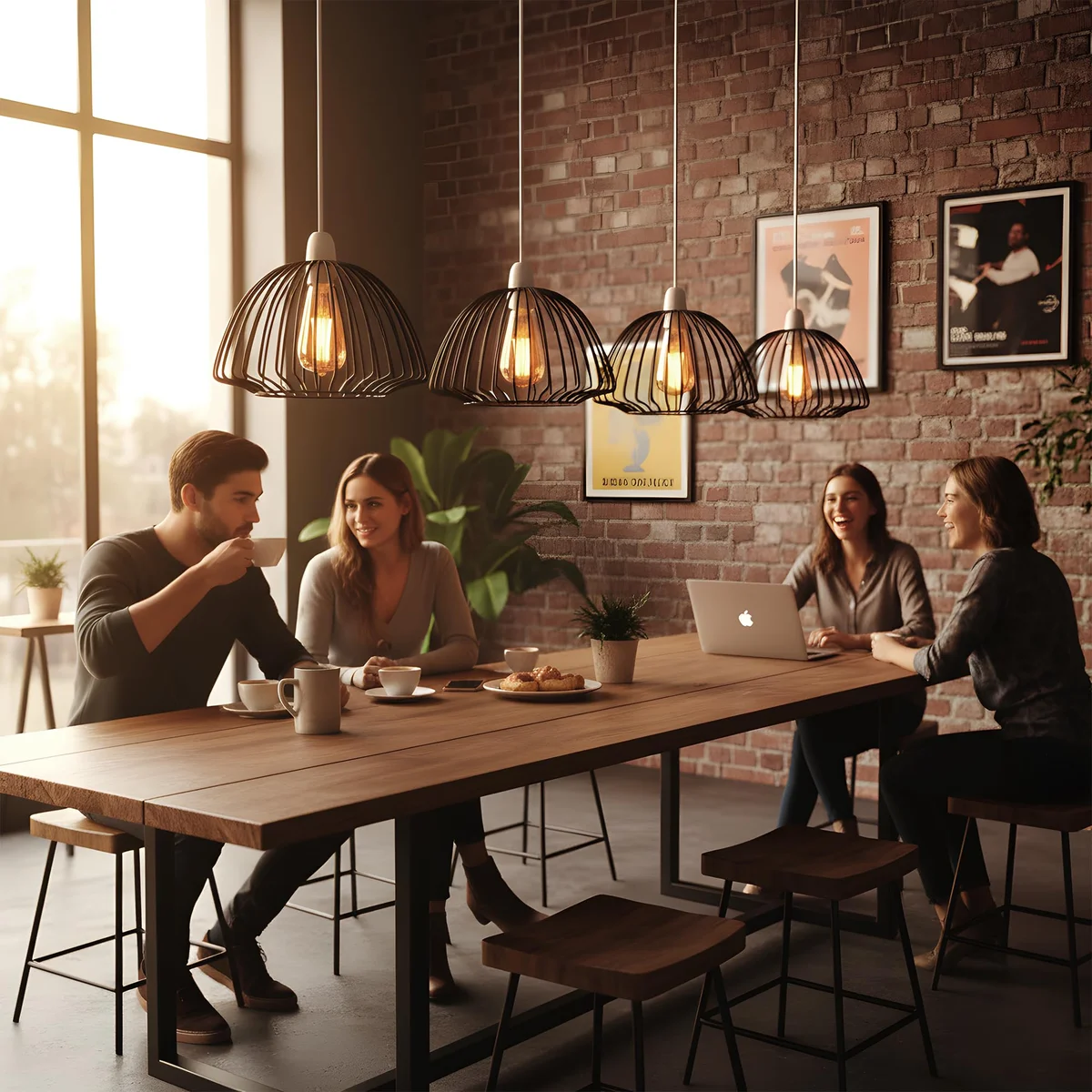 Two modern metal pendant lampshades, one rose gold lampshade and one black, with E27 bases displayed on a desk.