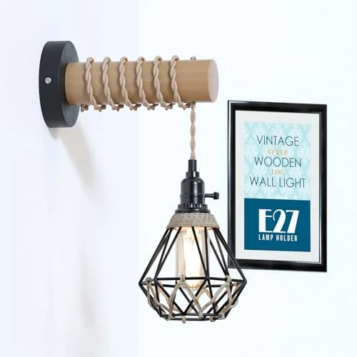 Rustic farmhouse wall lamp with natural wood arm, black metal cage, and twisted jute rope cable mounted on wall