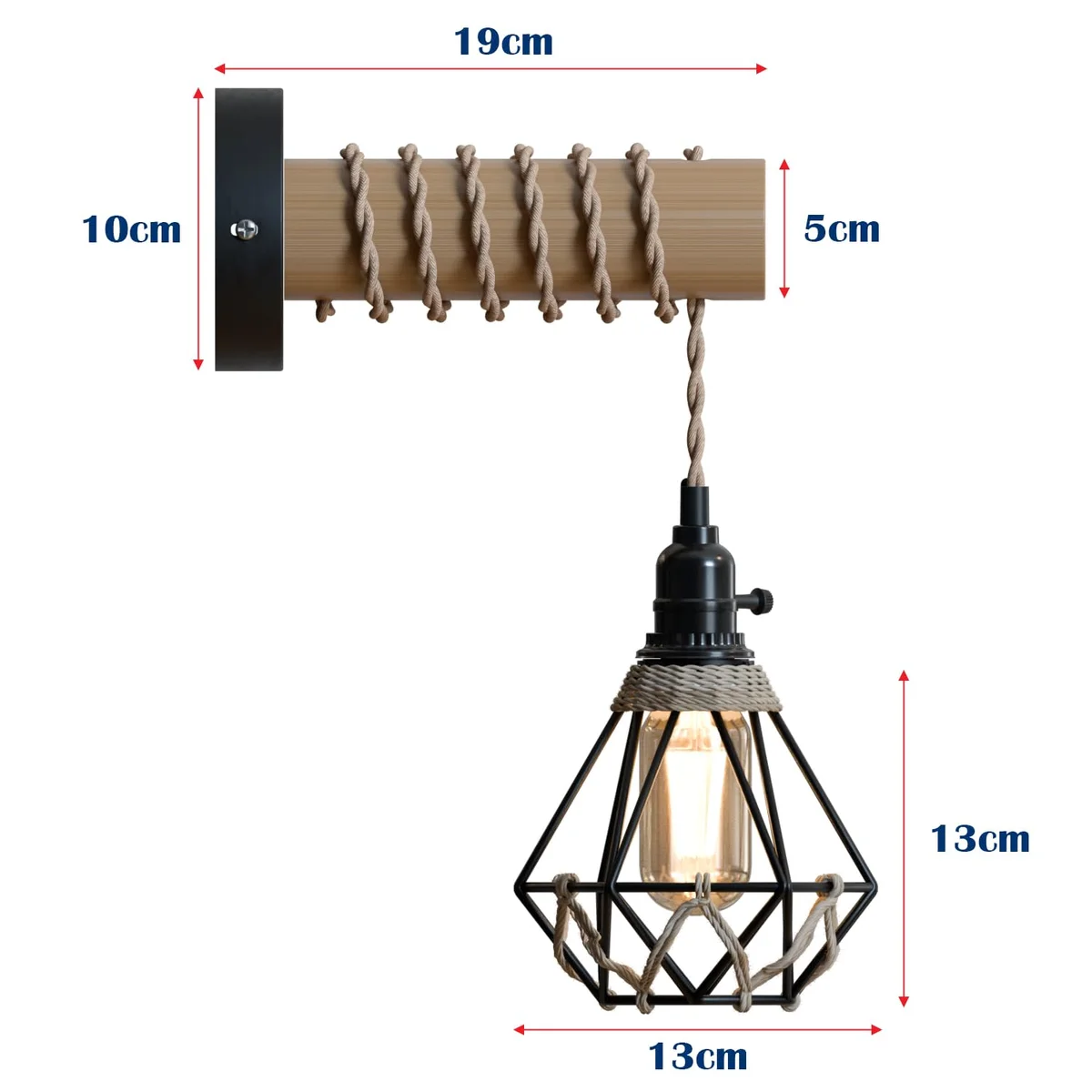 Rustic wood and metal wall light with black metal cage, natural wood arm, and twisted jute rope cable mounted on wall