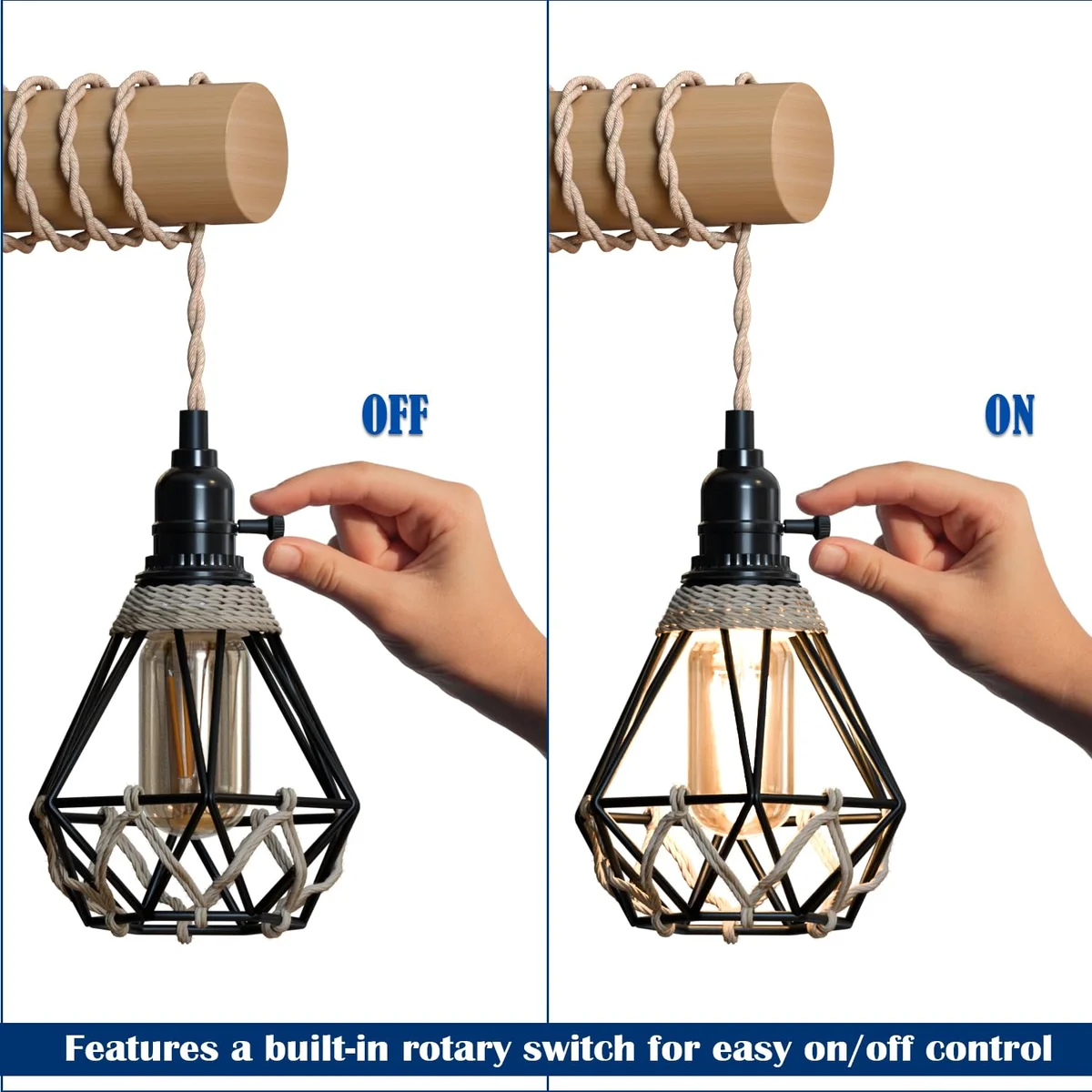 Rustic industrial E27 bulb wall light with wood arm, black metal cage, and twisted hemp rope cable mounted on wall