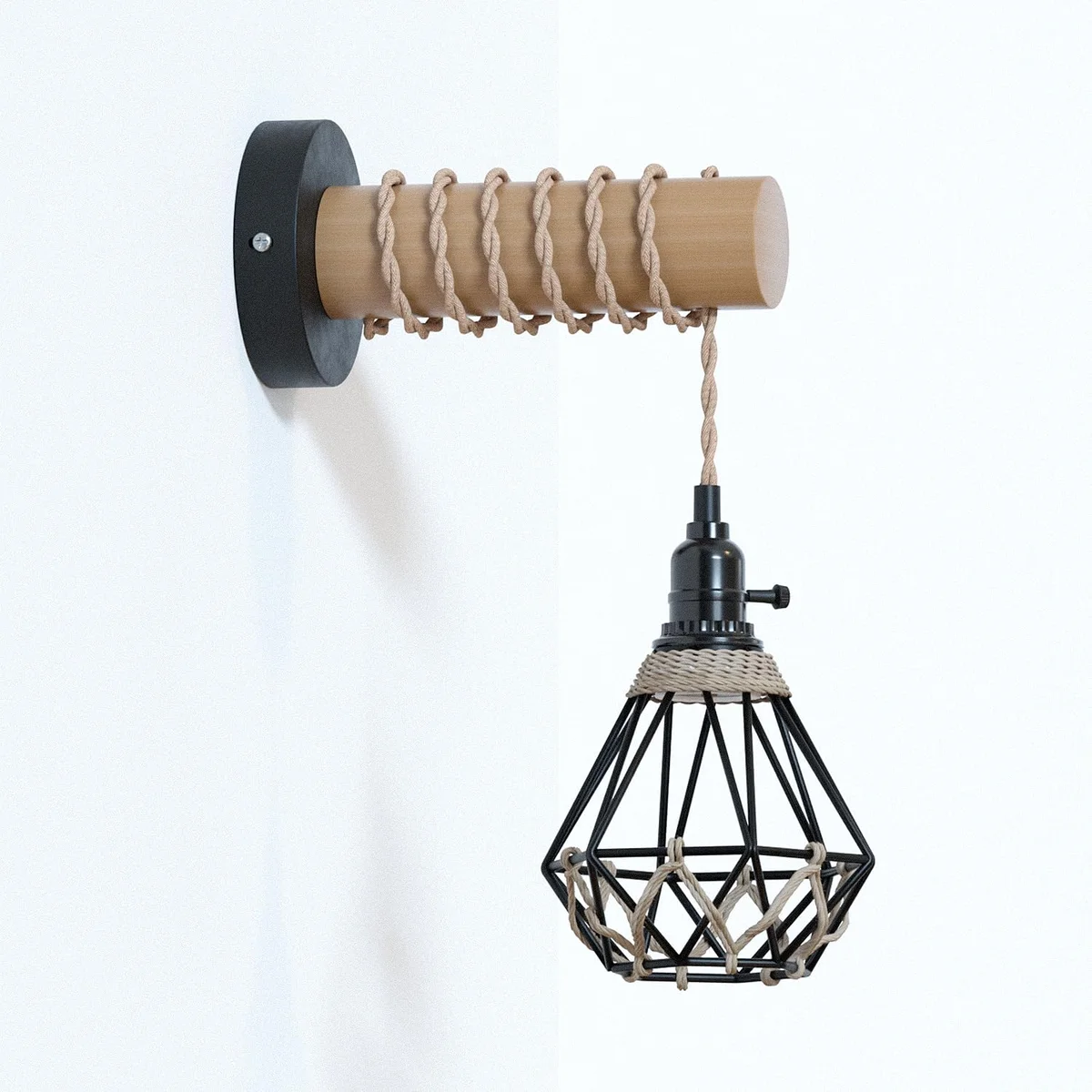 Rustic indoor wall lighting with black metal cage, natural wood arm, and twisted jute rope cable for farmhouse style decor