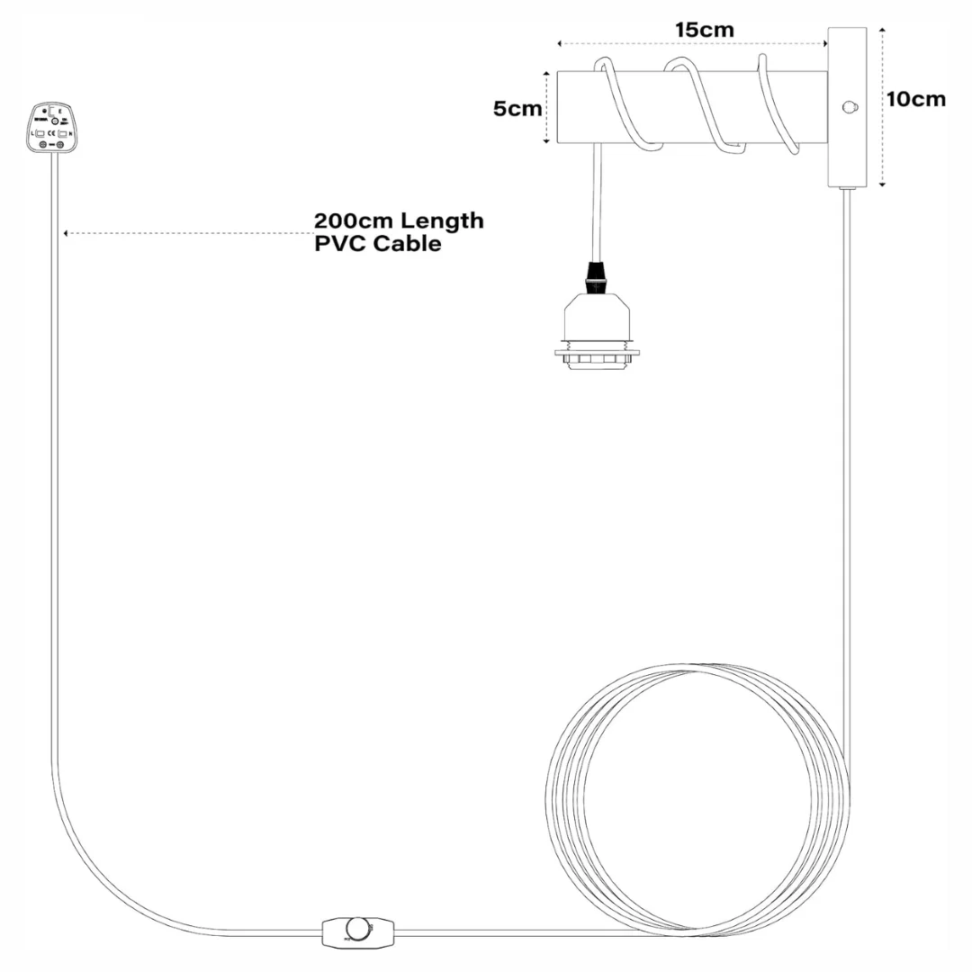 Retro style plug in wall lamp with wooden shelf, black metal pipe design, and rotary dimmer switch on wall
