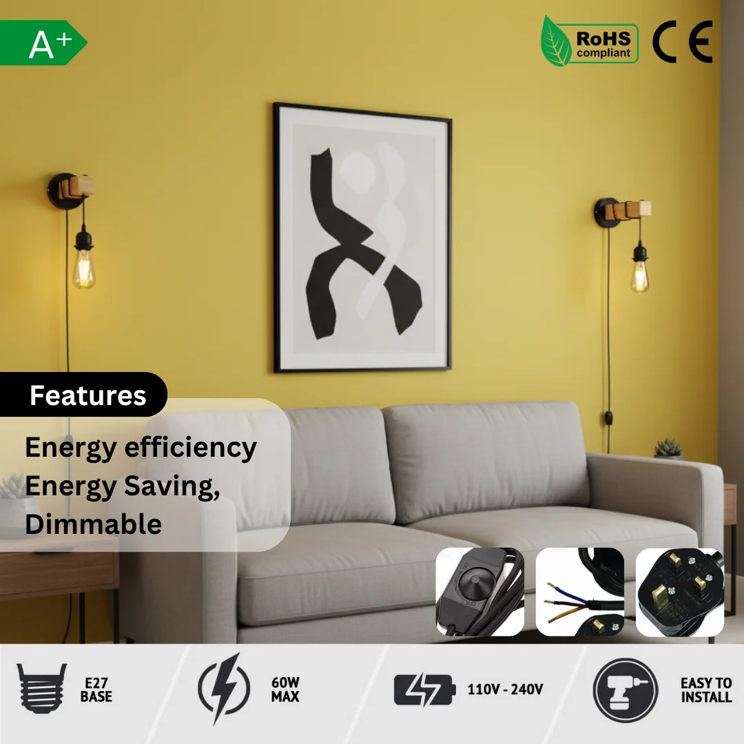 Retro industrial wall light with black metal pipe, wooden shelf base, and rotary dimmer switch on a white wall background