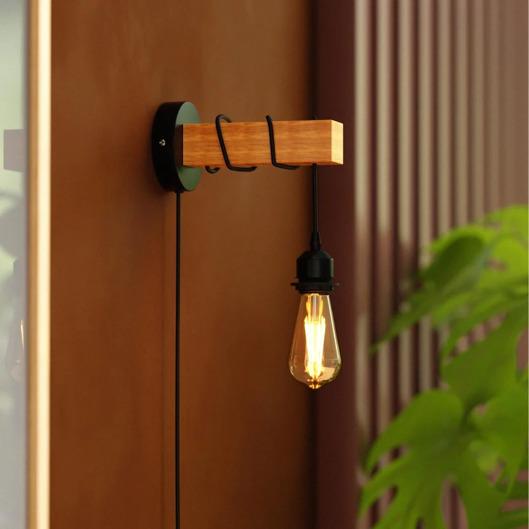 Rotary dimmer wall sconce with wooden shelf, black metal pipe, and visible rotary switch on textured wood base