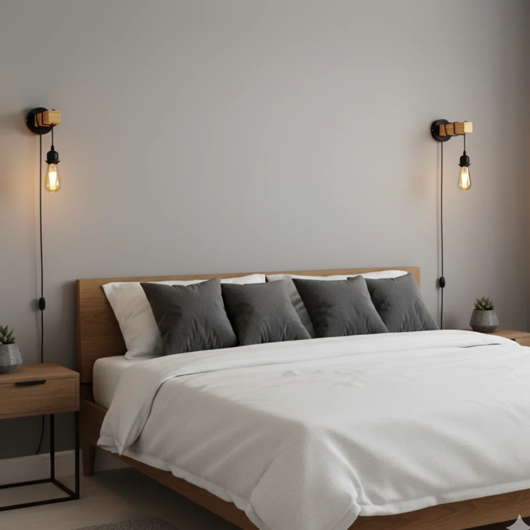 Dimmer wooden wall light with black metal pipe, wooden shelf base, and E27 bulb wall light design mounted on wall