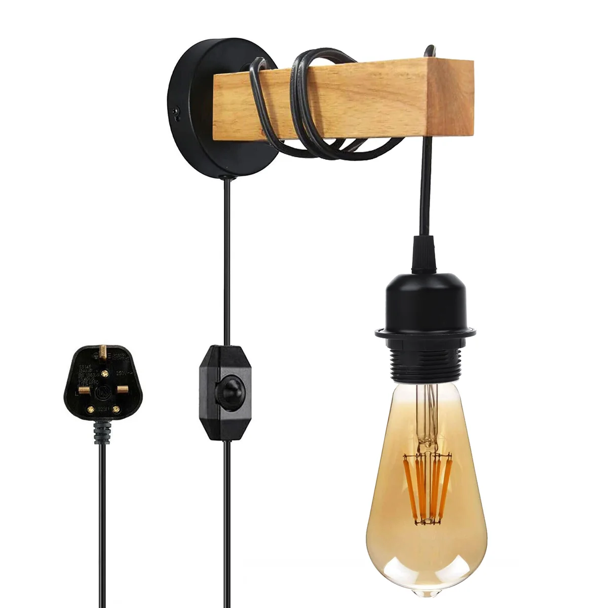 Wood and metal wall lamp with wooden shelf, black metal pipe, and rotary dimmer switch on a white wall background