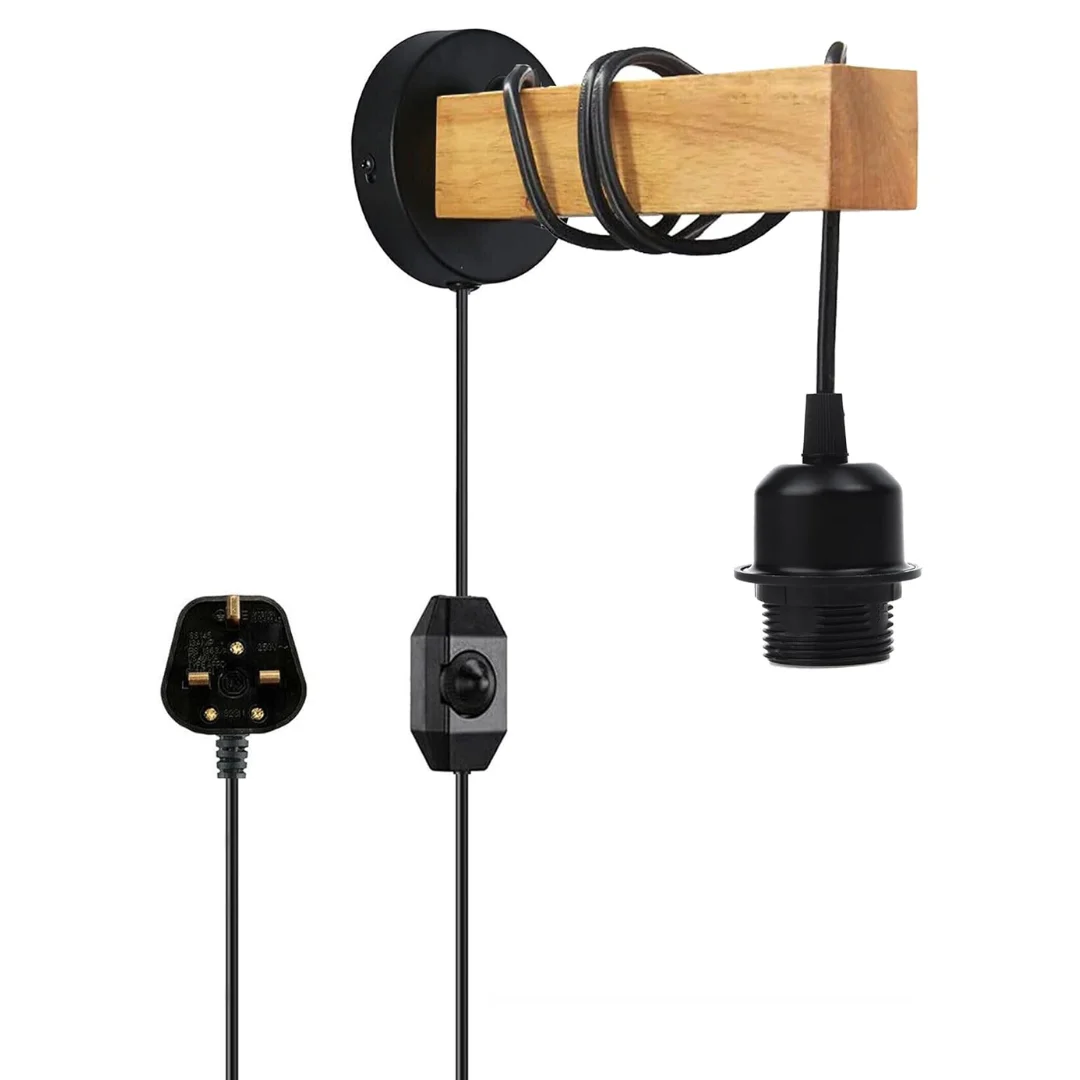 Dimmable wooden wall light with black metal pipe, wooden shelf base, rotary dimmer switch, and plug-in cable design