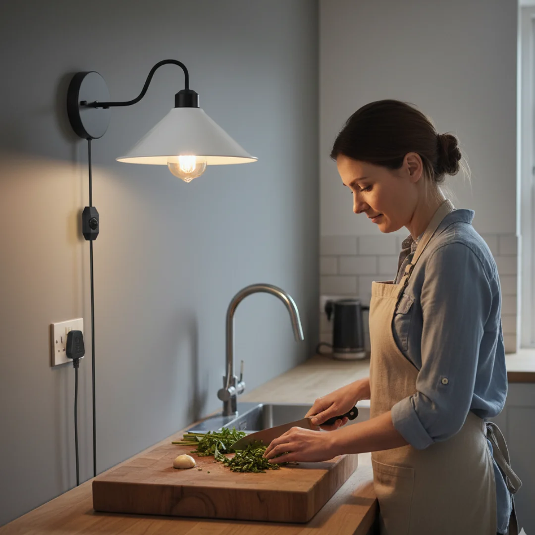 Red metal plug in wall light with fabric cord and built-in dimmer switch for adjustable brightness on UK socket