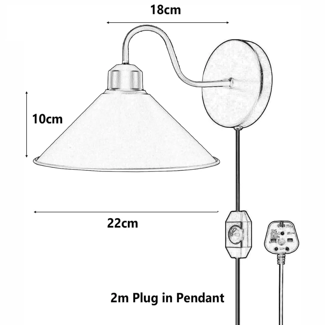 Red metal dimmable wall light with fabric cord and plug, featuring an industrial design and built-in dimmer switch