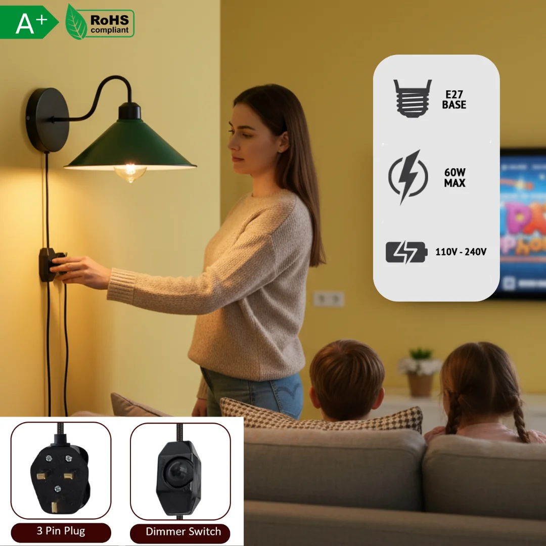 Red metal E27 wall light with fabric cord and built-in dimmer switch, shown mounted on a white wall