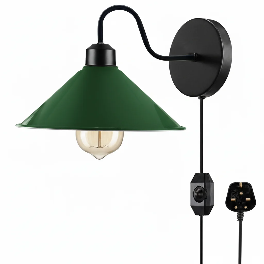 Red metal plug in wall light with dimmer switch on fabric cord, industrial style, shown mounted on white wall