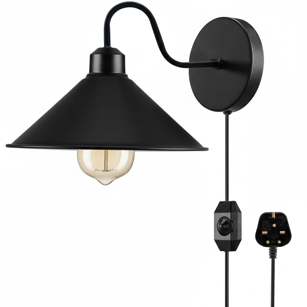 Red metal plug in wall light with dimmer switch on fabric cord, shown mounted on a white wall