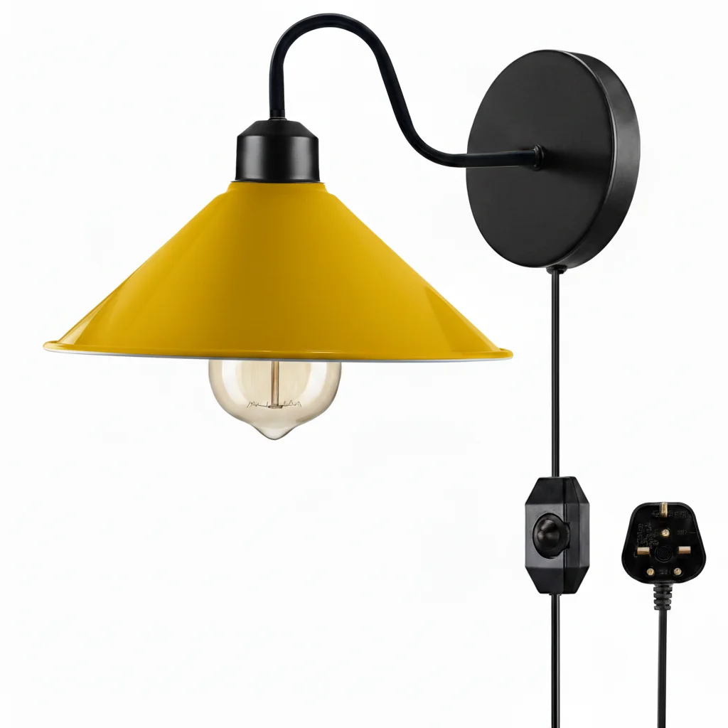 Red metal plug in wall light with dimmer switch on fabric cord, shown mounted on a white wall