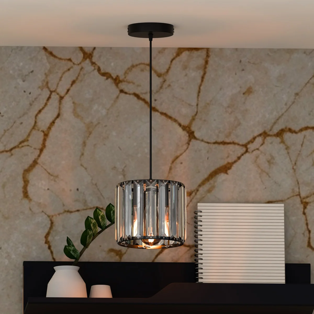 Modern crystal pendant light with drum‑shaped crystal shade, metal holder, PVC cable, E27 base, black/gold/white.