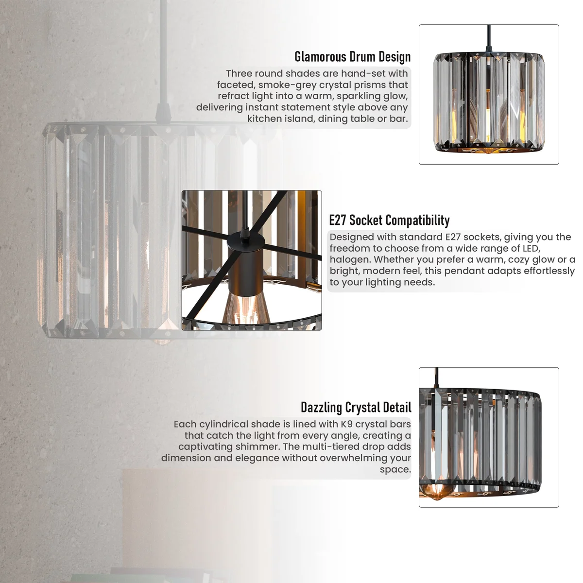 Metal and crystal E27 ceiling hanging lamp with drum‑shaped glass shade, adjustable height, available in black, gold or white.