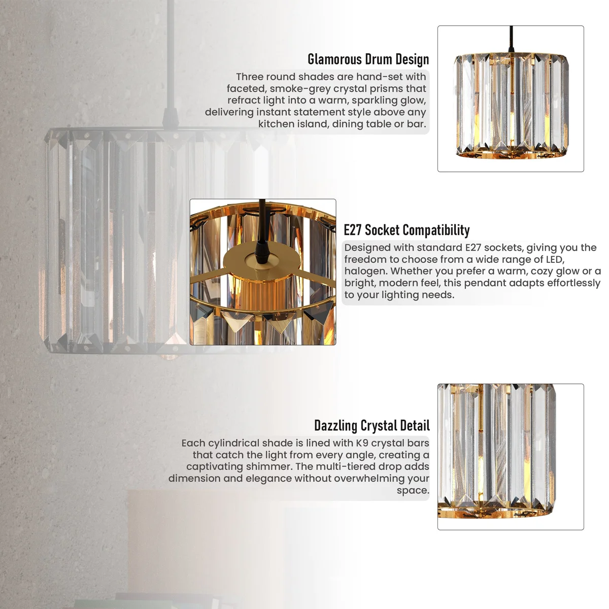 Drum‑shaped metal and crystal chandelier with black crystal shade hanging from ceiling, E27 base.