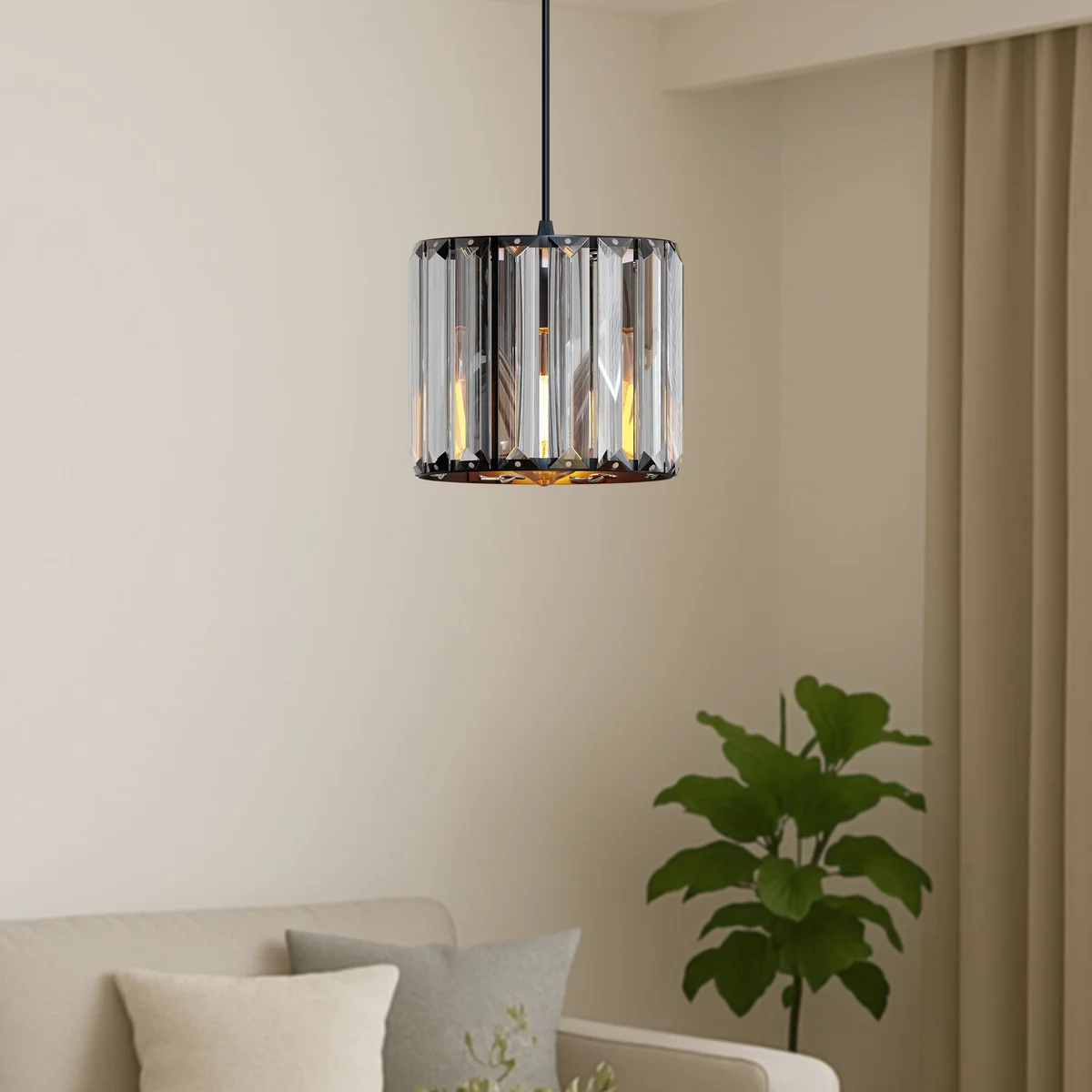 Adjustable height pendant light with crystal glass shade and metal holder, mounted on ceiling, black finish.