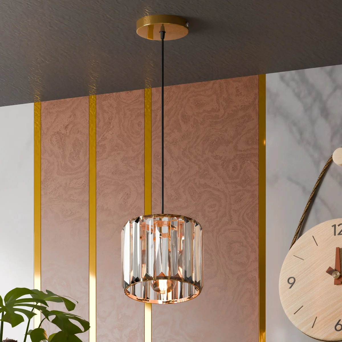 modern crystal pendant light hanging from ceiling with metal base and crystal glass shade.