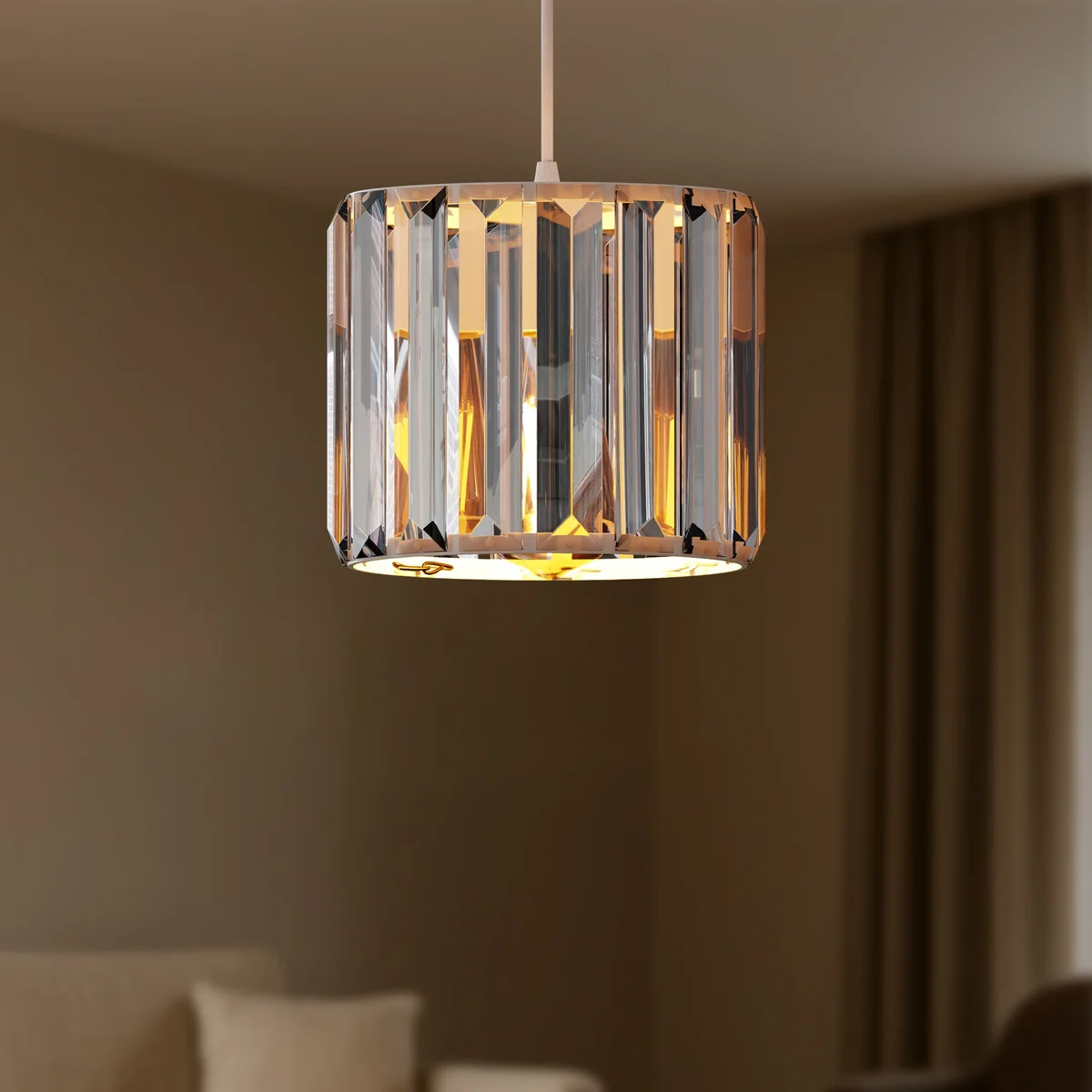 Modern crystal pendant light with drum-shaped crystal glass shade, metal holder, and E27 base, adjustable height.