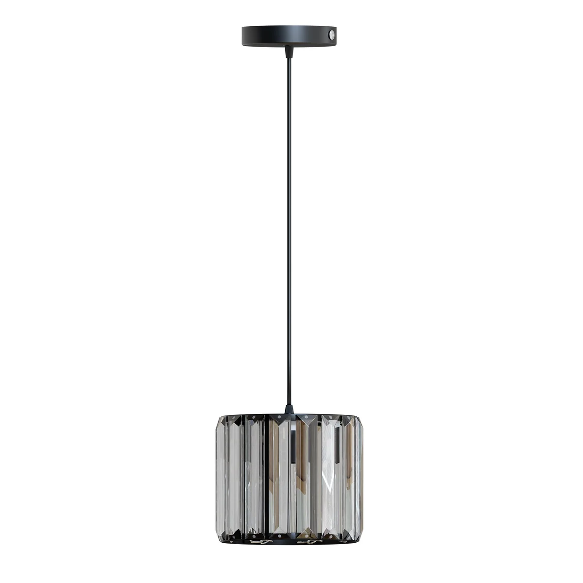Modern crystal pendant light with drum-shaped crystal shade, metal holder and E27 base, hanging from ceiling.