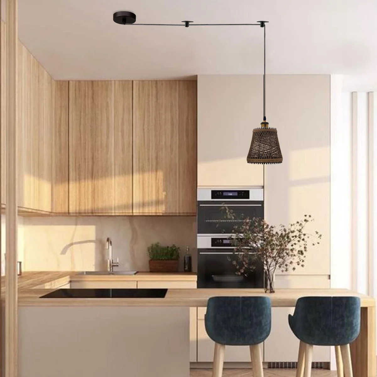 Bamboo hemp pendant light with rattan lampshade hanging from ceiling, featuring metal and hemp materials, E27 bulb holder