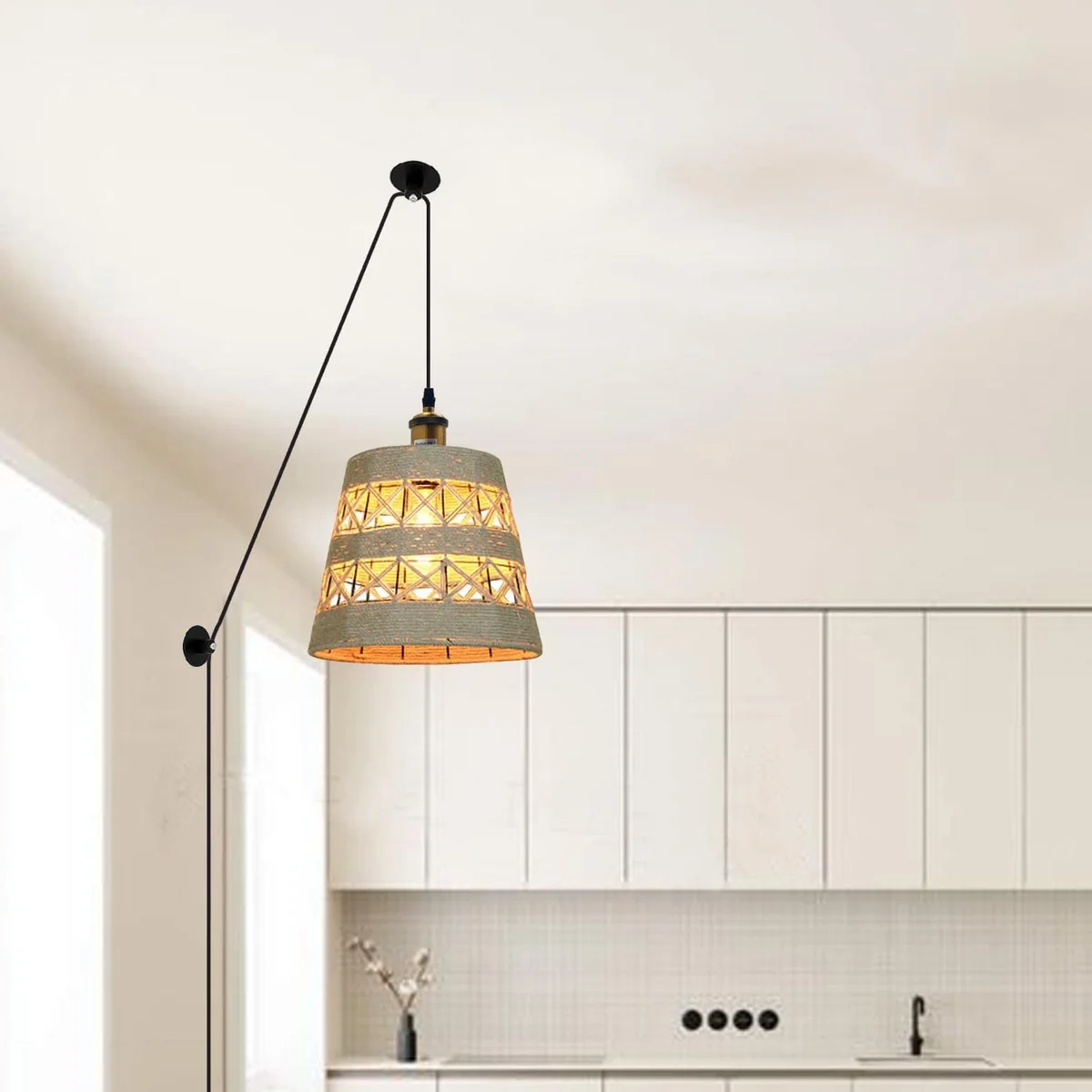 Rattan ceiling light pendant with hemp lampshade and metal frame, hanging from a 195cm cable against white background