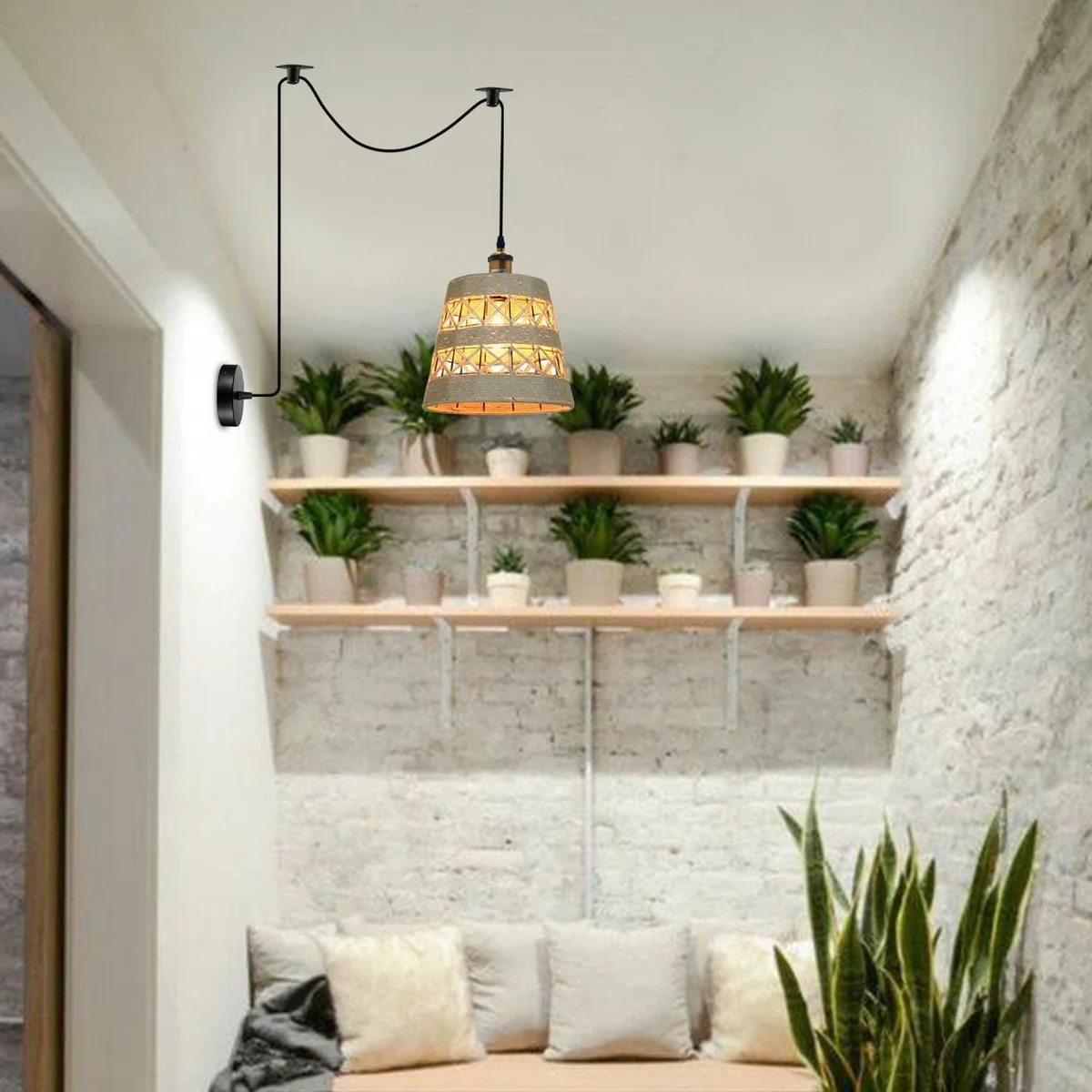 Bamboo hemp rattan pendant with 195cm cable, metal base, showcasing space saving ceiling light design in natural tones