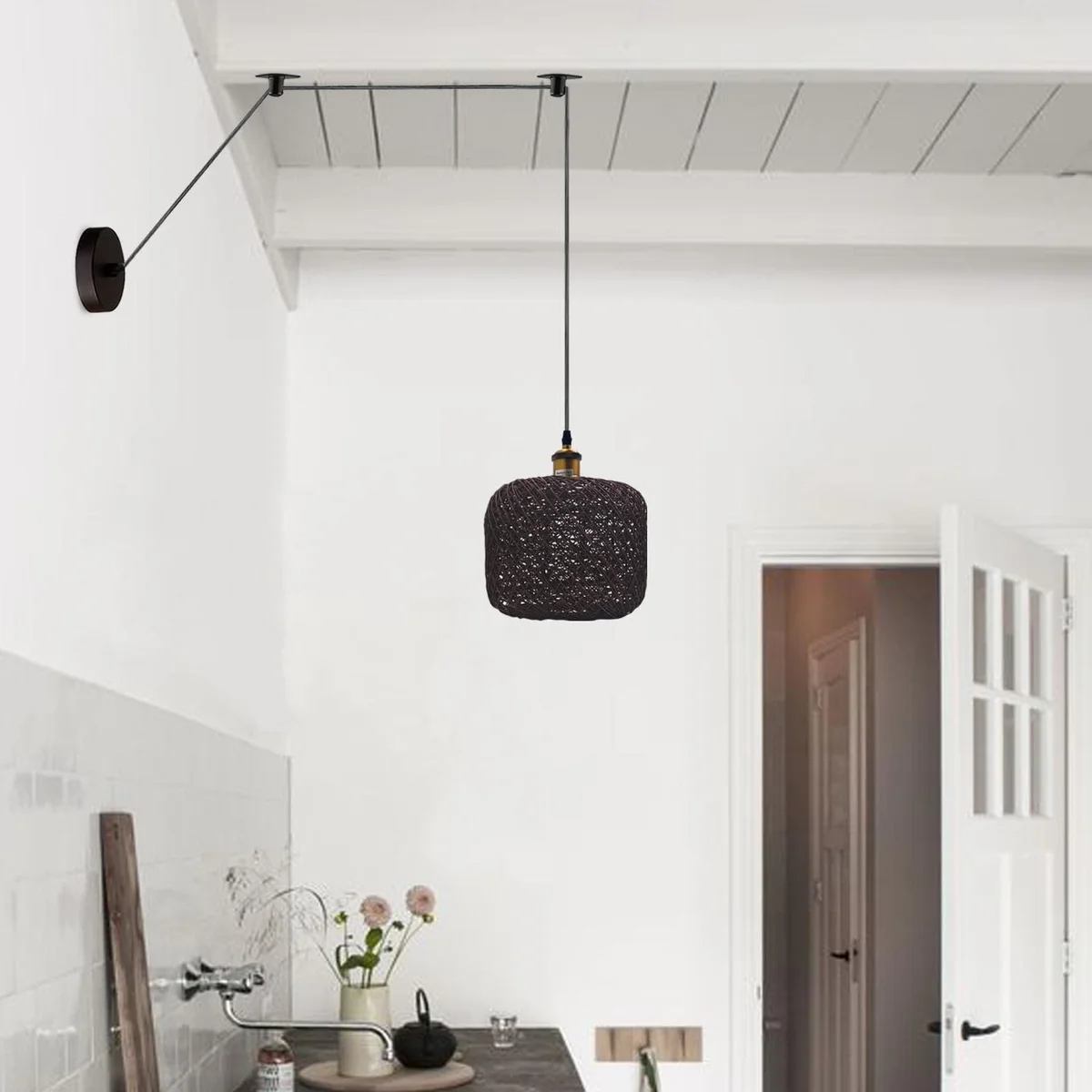 Hemp lampshade pendant light with rattan design hanging from ceiling, featuring metal and hemp materials, E27 base