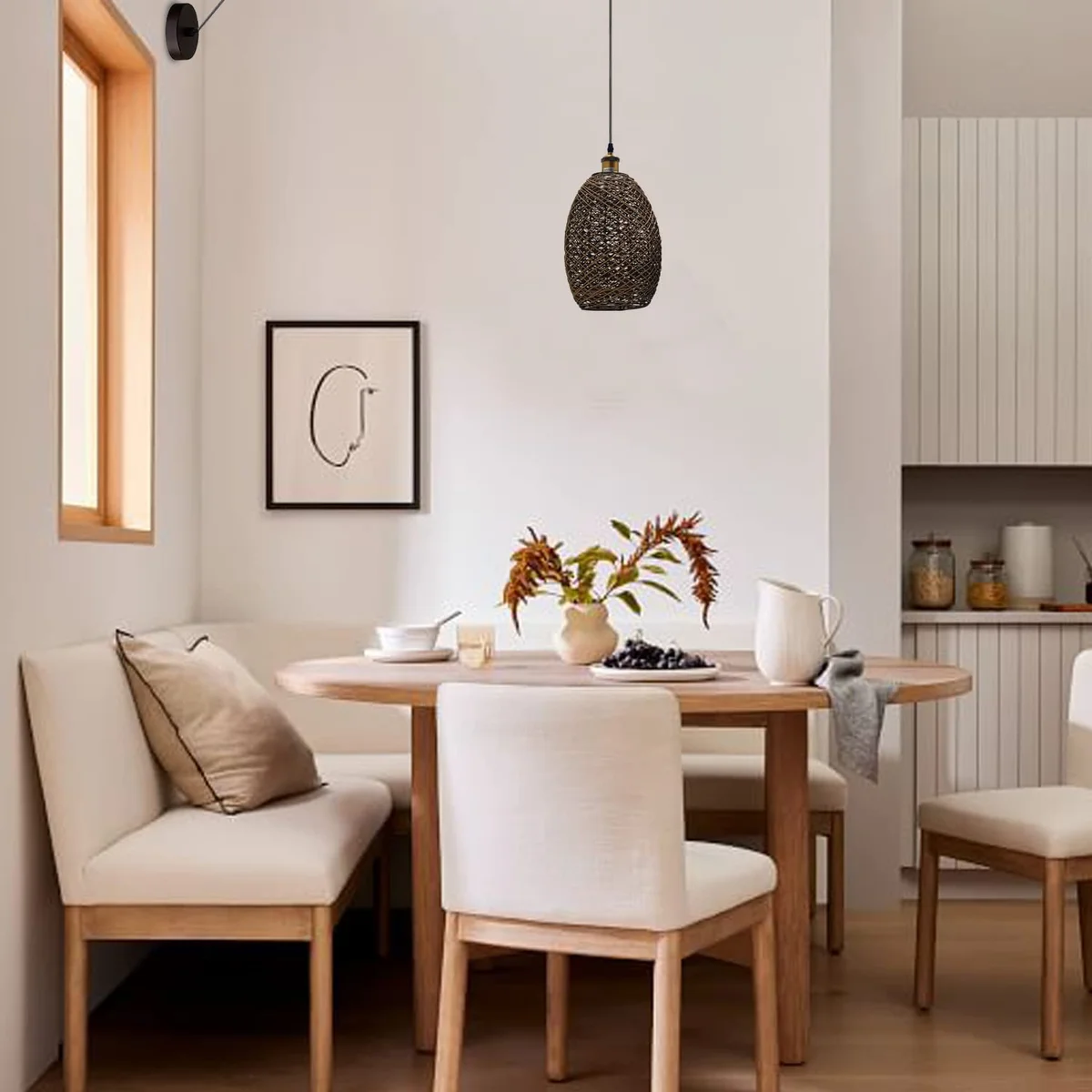 E27 pendant light fixture with rattan and hemp lampshade hanging from ceiling with metal base and long cable