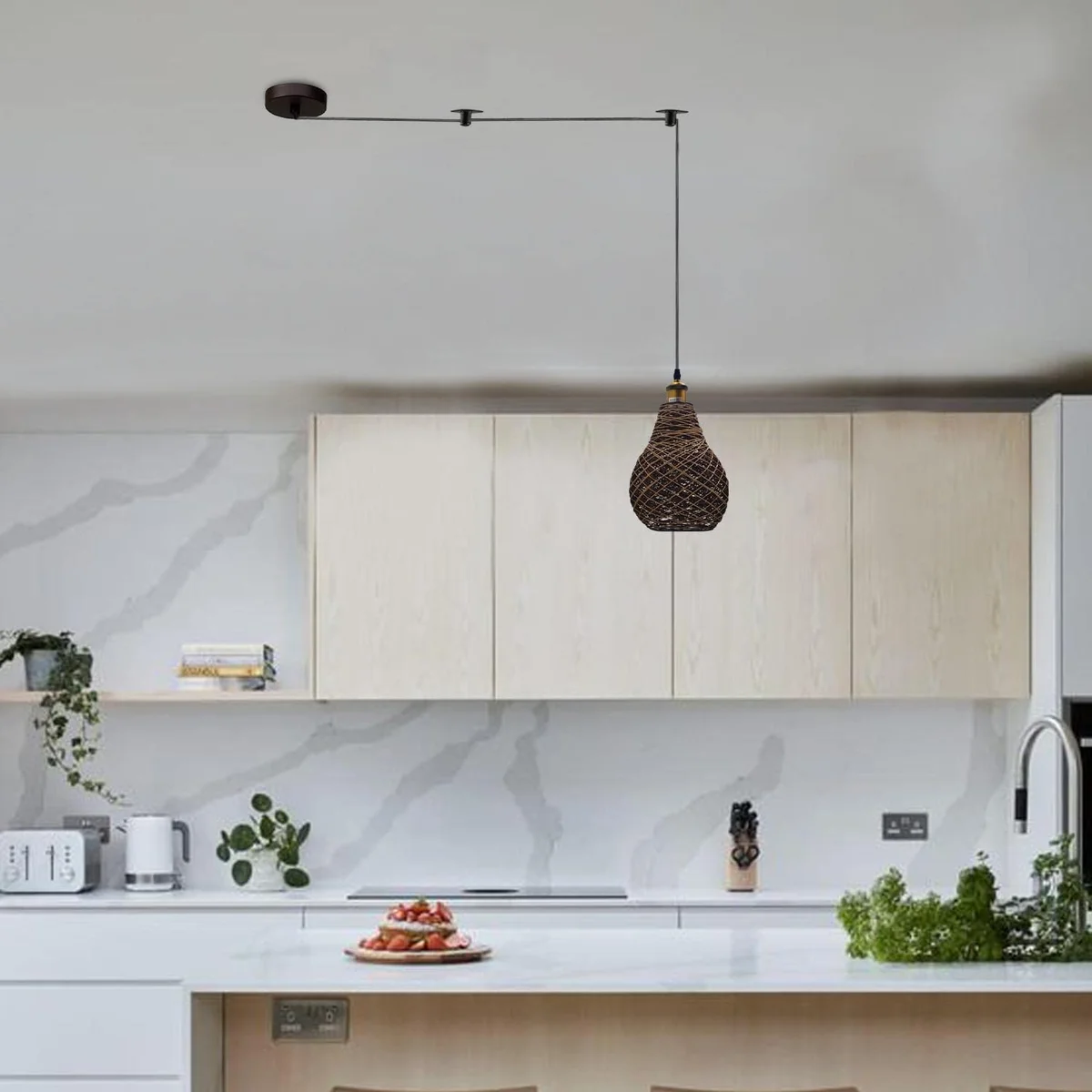 Bamboo hemp pendant light with rattan lampshade hanging from ceiling, metal and hemp materials visible, 195cm cable length