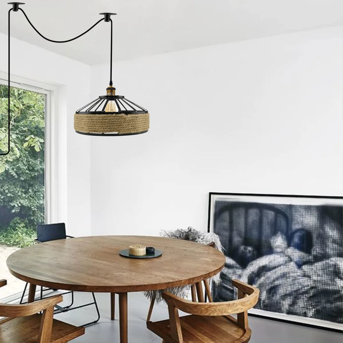 Bamboo hemp pendant light with rattan lampshade hanging from ceiling, showing metal and hemp details