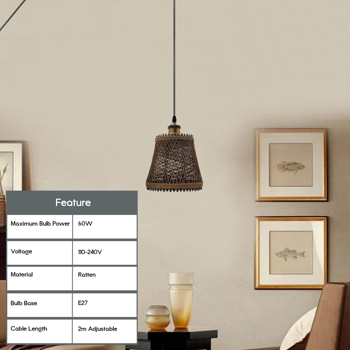 Bamboo hemp pendant light with rattan lampshade and metal frame hanging from ceiling with long cable and pulley system