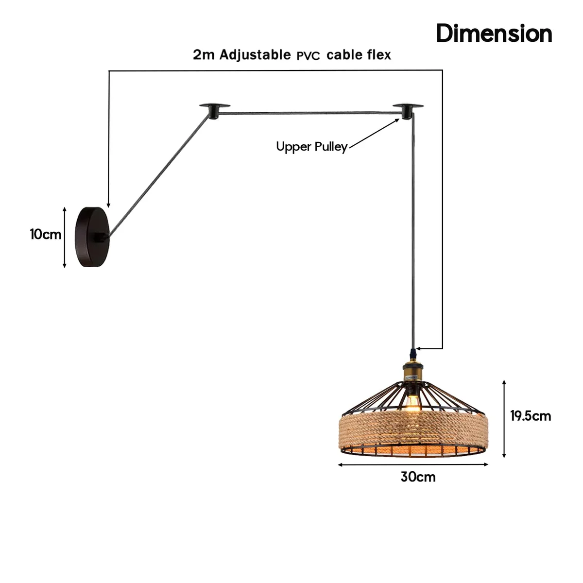 Bamboo hemp pendant light with rattan lampshade hanging from ceiling, showing metal and hemp materials, 195cm cable length