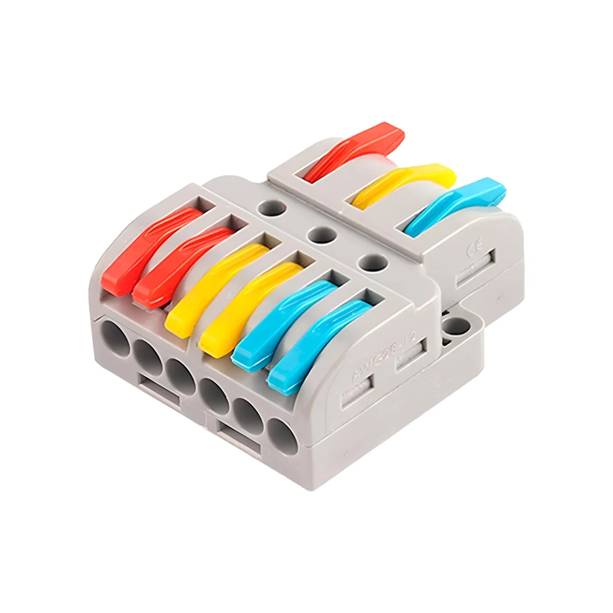 3 port wire connector featuring lever‑nut terminals, compact black PVC housing with exposed copper contacts for quick splicing.