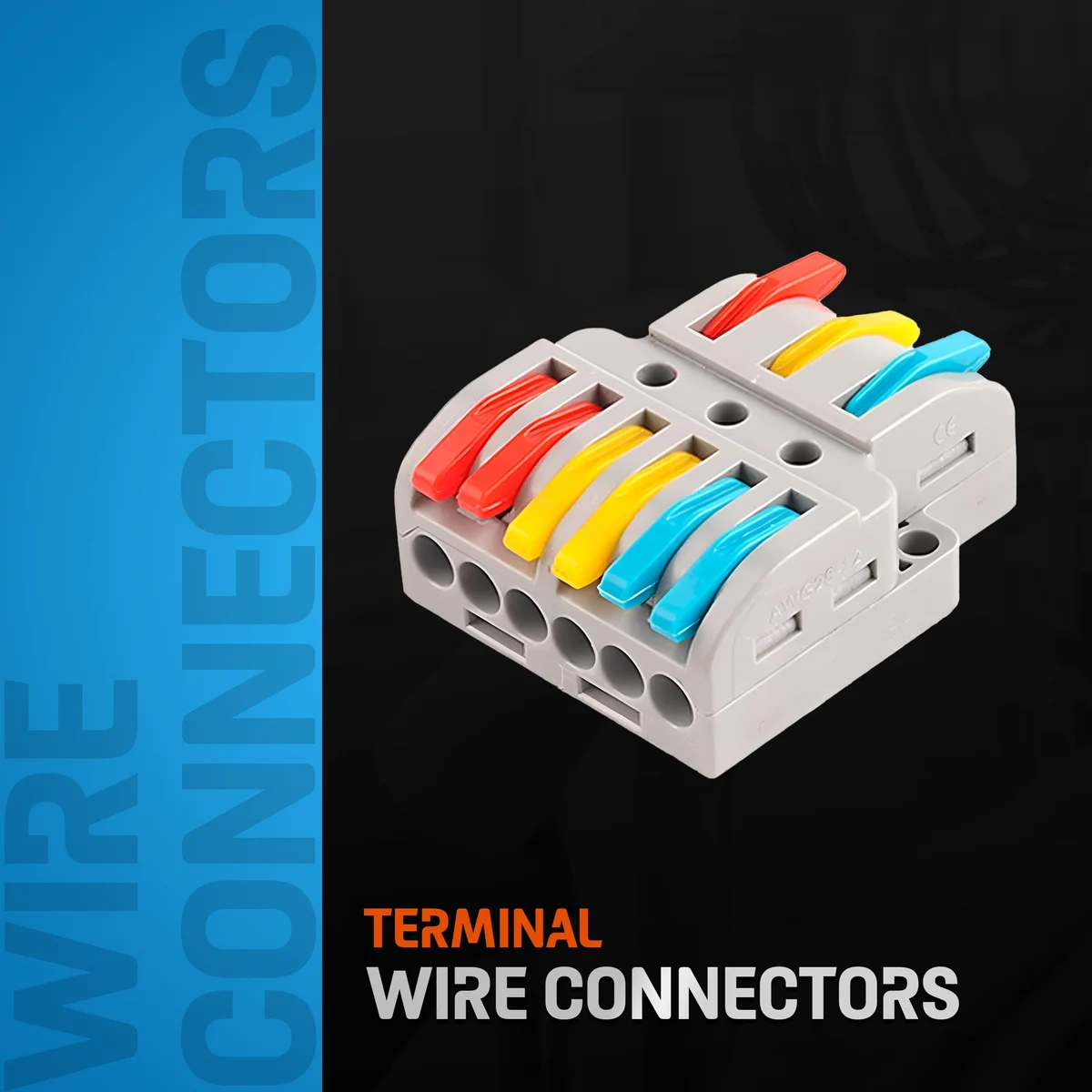 Compact terminal block with three lever‑nut connectors and pull levers, featuring PVC housing and copper spring contacts.