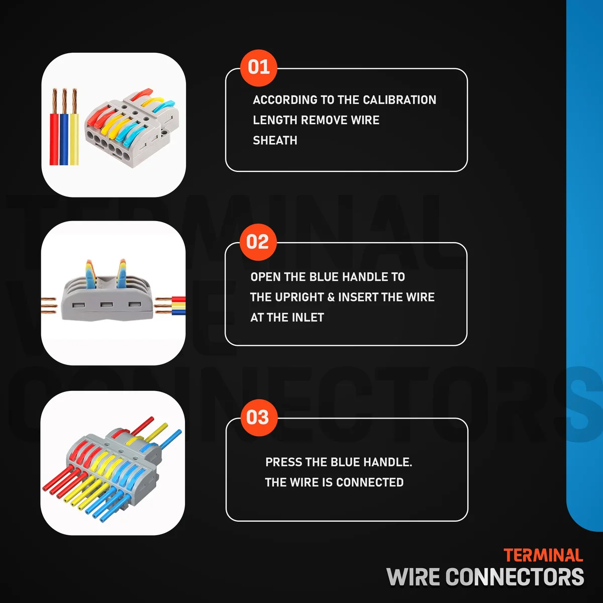 Clamp wire connector with three pull‑lever terminals, PVC housing, copper contacts, compact 39 mm height, no tool needed