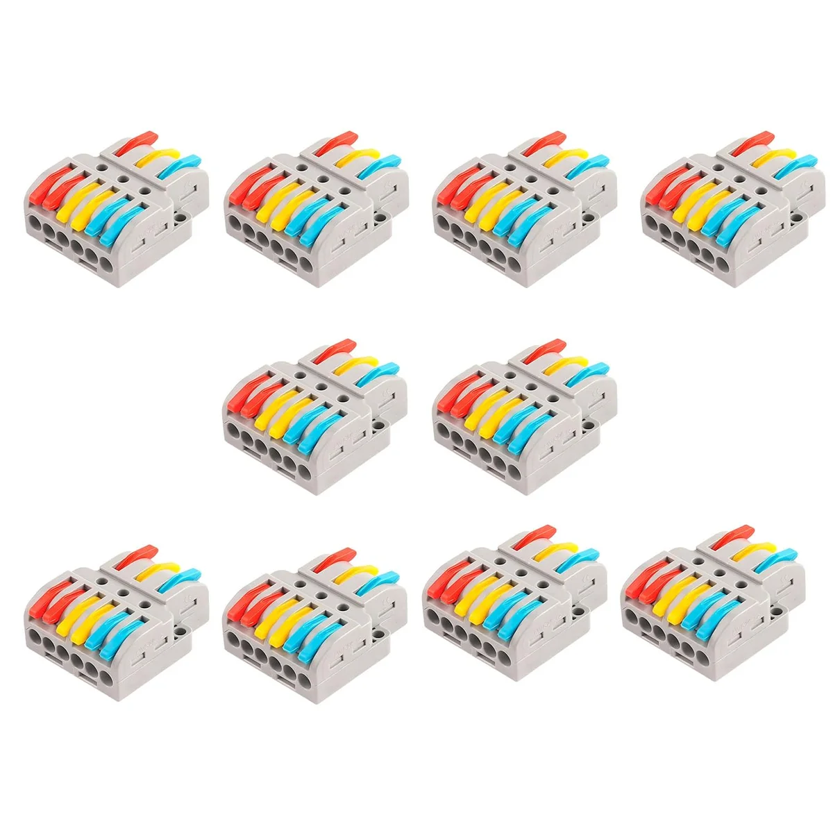 Compact 3‑port lever‑nut wire connector with pull levers, no tool wire connector, copper spring contacts, PVC housing.