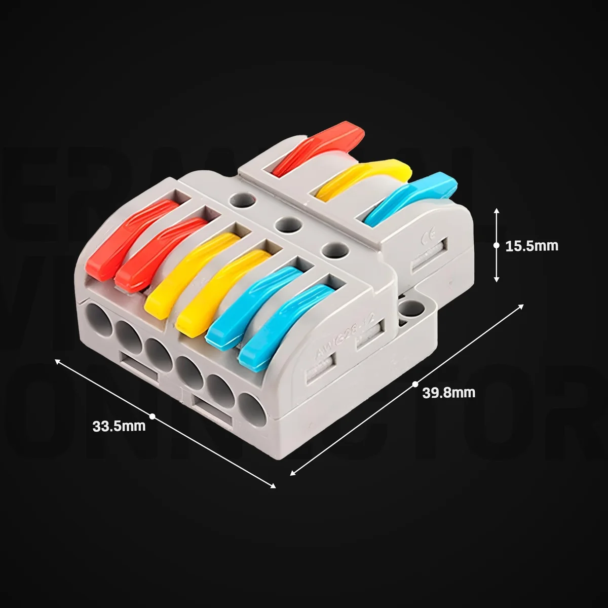 3‑port lever‑nut compact wire connector with 32 amp rating, tool‑free pull‑lever terminals in PVC housing.