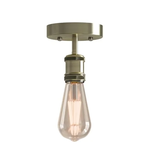Vintage style metal E27 bulb ceiling light fixture with warm glow, suitable for living room or bedroom installation