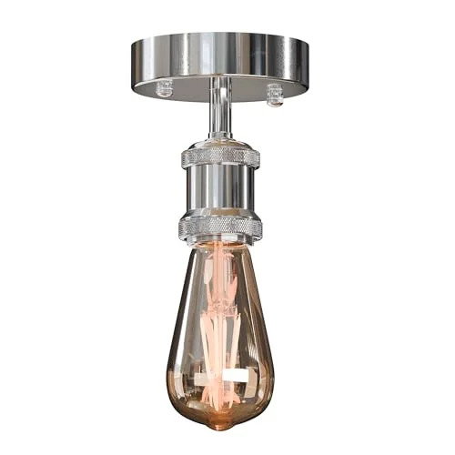 Vintage-style corded electric ceiling light fixture with metal holder and warm soft glow, suitable for indoor use.